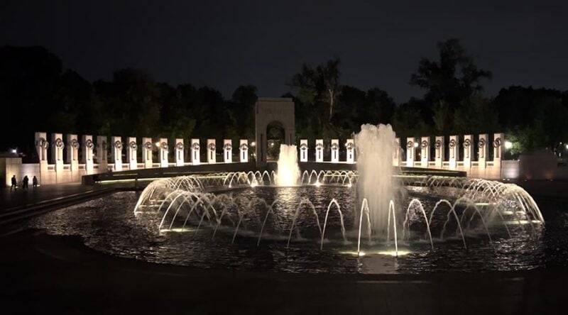 One half of the world war 2 memorial viewed at night. 