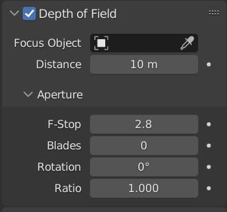 Camera depth of field settings from the camera properties are displayed.