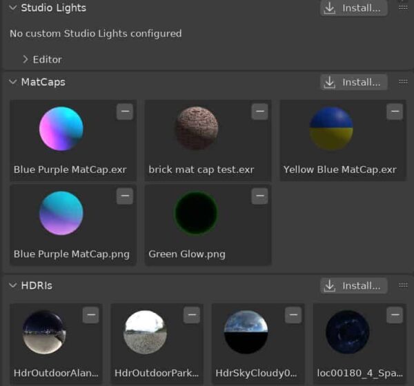 The light preferences in Blender are displayed showing areas to upload studio lights, MatCaps and HDRIs