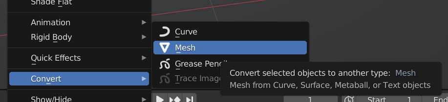 The "Convert object to mesh" option is located in the object settings from Blender's top bar.