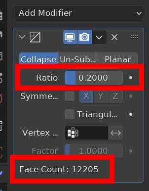 The decimate modifier set to ration 0.2 shows a face count of 12,205 in the modifier panel. 