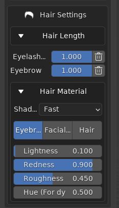 Basic and material settings for hair, eyelashes and eyebrows. 