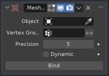 The Mesh Deform Modifier settings in the Modifier Properties Panel of Blender's interface. 