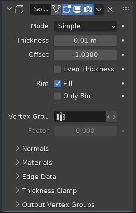The solidify modifier controls in the modifiers properties panel.