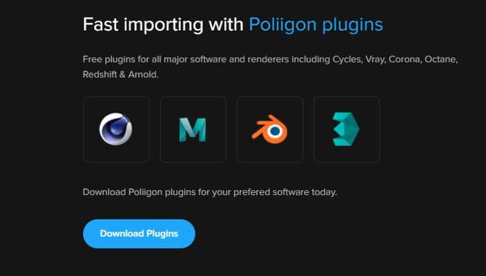 Poliigon addon download page shows icons for Blender, Maya, 3DSMax and Cinema4D 