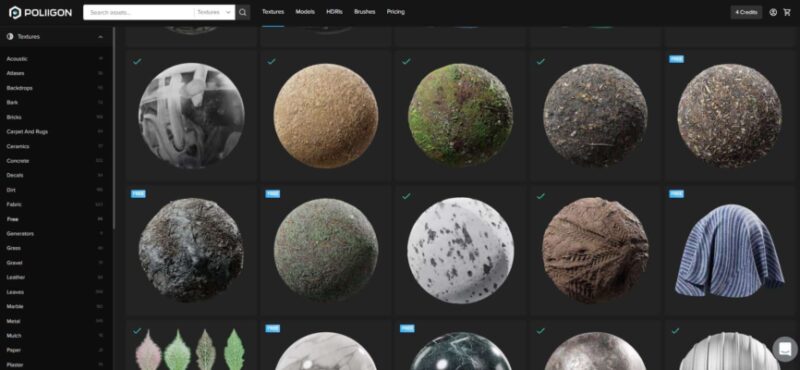 Several PBR materials displayed on the Poliigon website. 