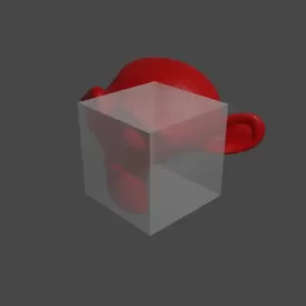 A partially transparent cube with alpha .2 in front of a Suzanne object.
