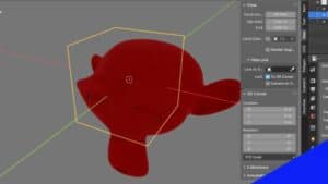 A transparent cube in front of a red Suzanne monkey in the Blender 3D viewport.