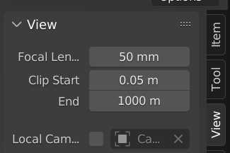 The focal length, clip start and clip end settings are displayed in the view tab of the Blender sidebar menu. 