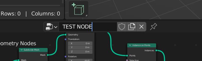 A geometry node is renamed in the geometry node editor.