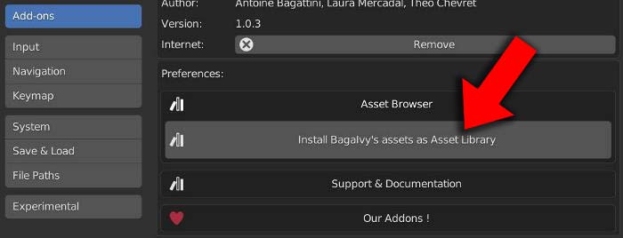 In the Blender user preferences, a button to install the BagaIvy assets is highlighted. 