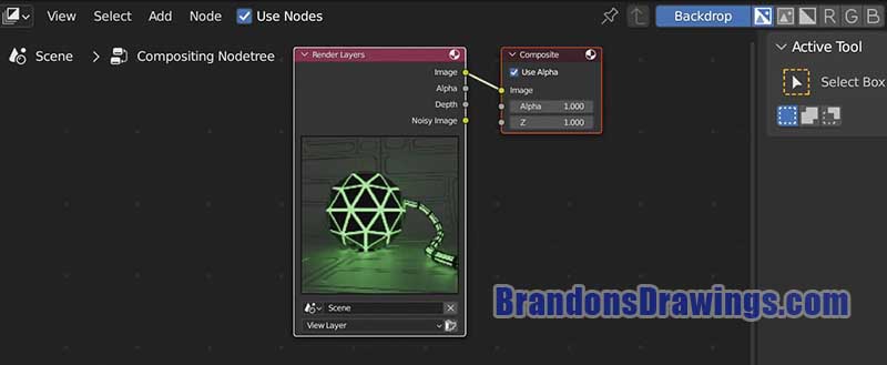 The default node setup in the compositor displays a render layers node connected to a composite output node. 