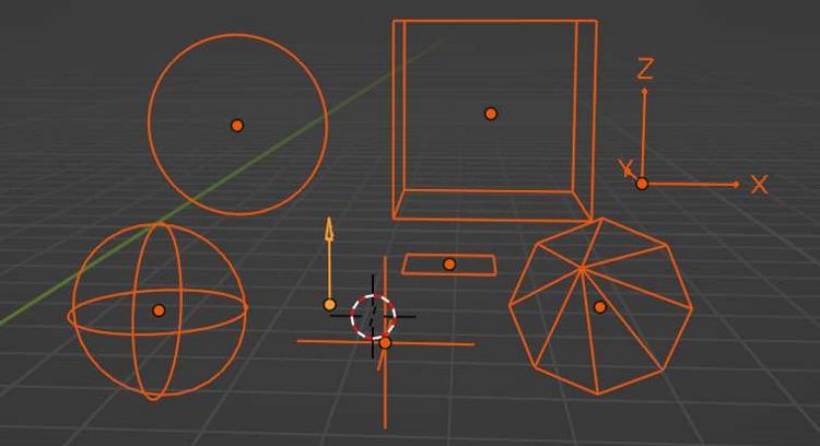 Various shapes of empty objects in Blender.