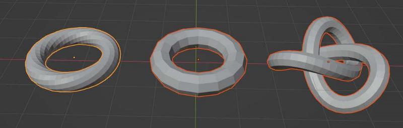 The twisted torus, supertoroid and torus knot are torus objects added with the extra objects Blender add-on. 