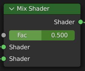 A mix shader in Blender displays a green value indicating its keyframe status. 