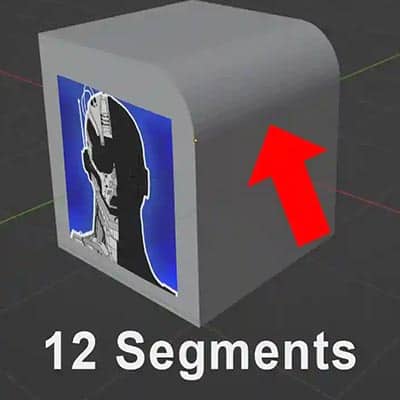Edge bevel with twelve segments is demonstrated on the default cube in the Blender viewport.
