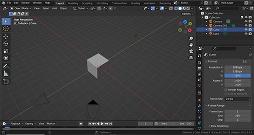 The layout workspace in Blender with a 3D viewport, outliner, properties panel and animation timeline. 