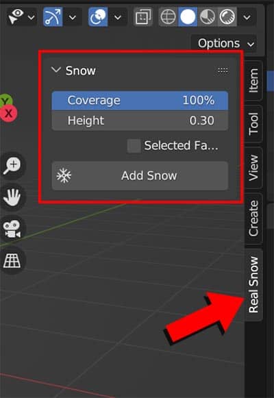 The controls in the sidebar control how to use the Real Snow addon in Blender. 