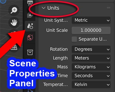 In the Scene Properties Panel in Blender, the Units tab is expanded showing the unit system and scale settings. 