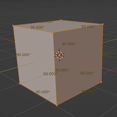 The edge angle is displayed in degrees for the Blender default cube in edit mode. 