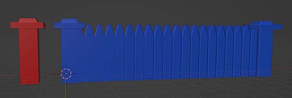 A 3D model of a blue fence with a red end piece. A blue copy of the red end piece has been placed at each end of the fence array. 