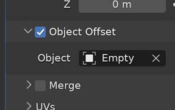 The object offset box is checked in the Blender array modifier and a box is available to select an offset object. 
