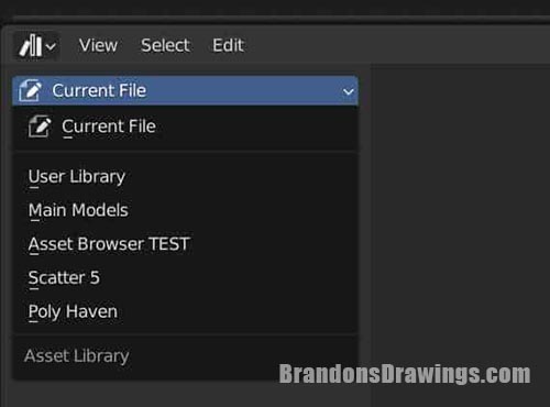 The current file is selected in the list of asset browser libraries.