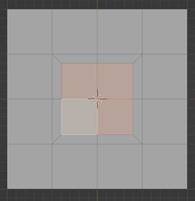 Four interior faces of a subdivided plane are inset together in Blender. 
