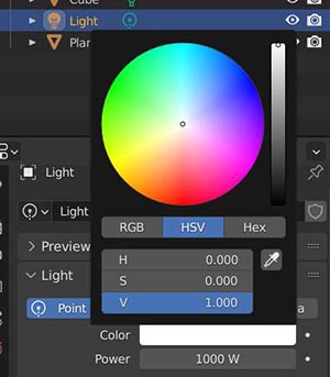 In the light properties panel of Blender, the color setting is changed using an RBG color picker. 