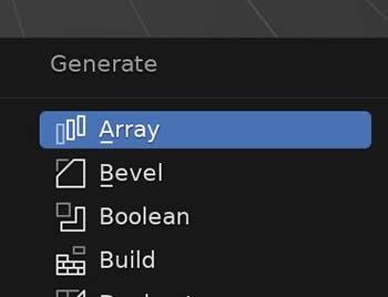 The array modifier is selected from the list of available modifiers in Blender. 