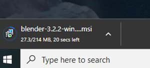 The Blender update file downloads on a Chrome browser. 
