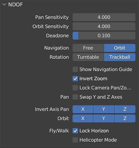Settings for using an NDOF device in Blender are displayed in the user preferences. 
