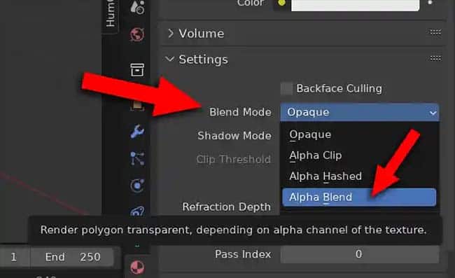 The blend mode settings in the Blender property panel are changed from opaque to alpha blend.