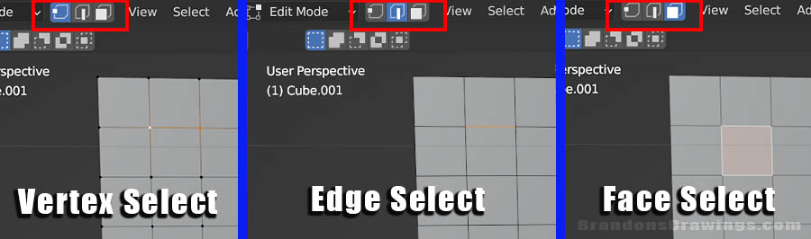 The three basic selection modes in Blender: vertex, edge and face are demonstrated.
