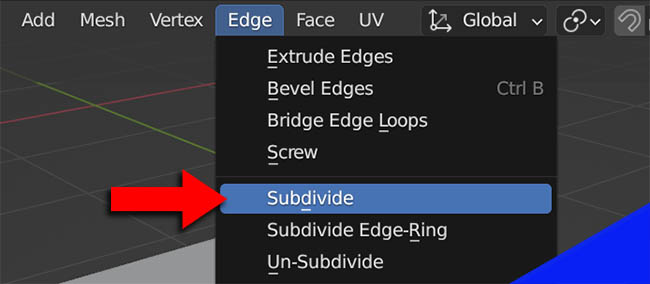 The menu option to subdivide an edge in Blender is highlighted.