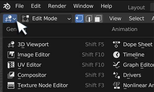 The 3D Viewport editor icon is highlighted and a drop down box appears with all of the Blender editor choices. 