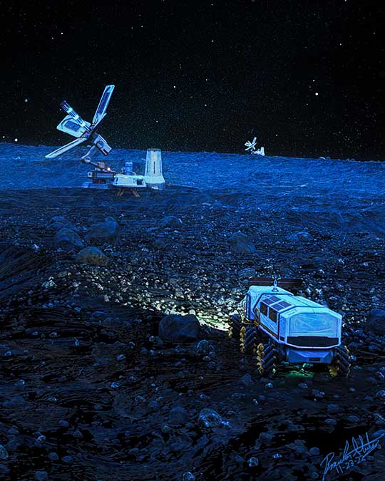 A sci fi transport vehicle roves toward a satellite on the surface of the moon.