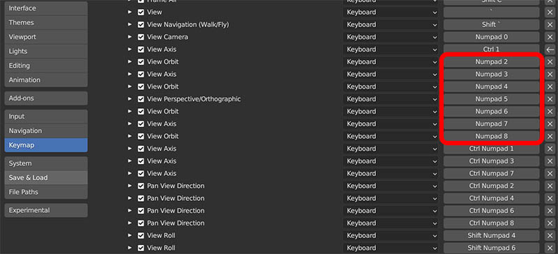 The assigned numberpad key map settings in Blender are highlighted.
