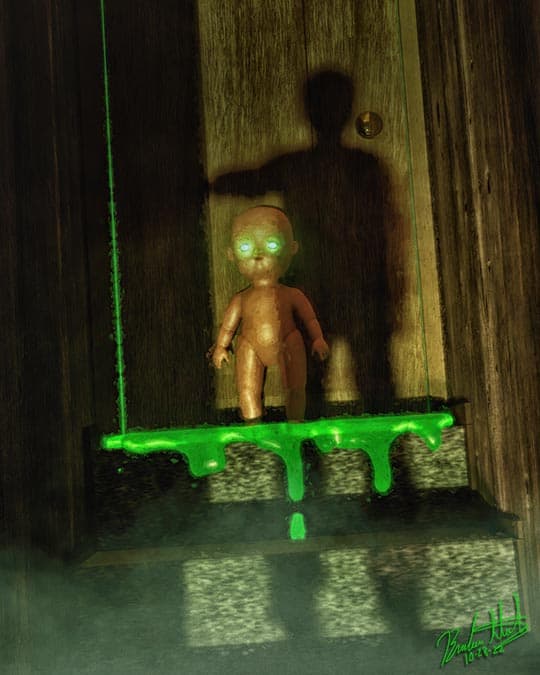 A child's doll sits in a puddle of glowing green ooze on a staircase.