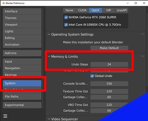 The Blender 3D User Preferences displays the "undo steps" limits under memory settings. 