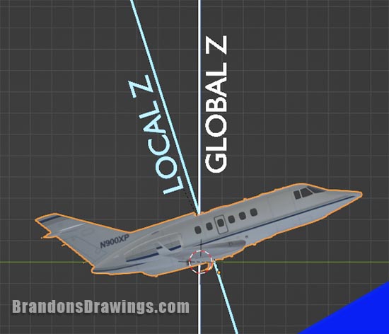 A 3d model of an airplane shows the local and global axis in Blender. 