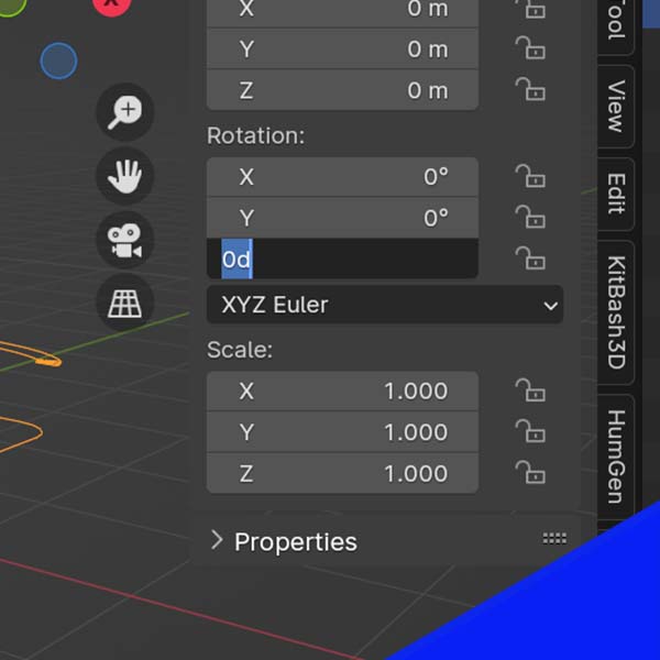 The Z rotation value is selected in the sidebar of the Blender 3D viewport. 