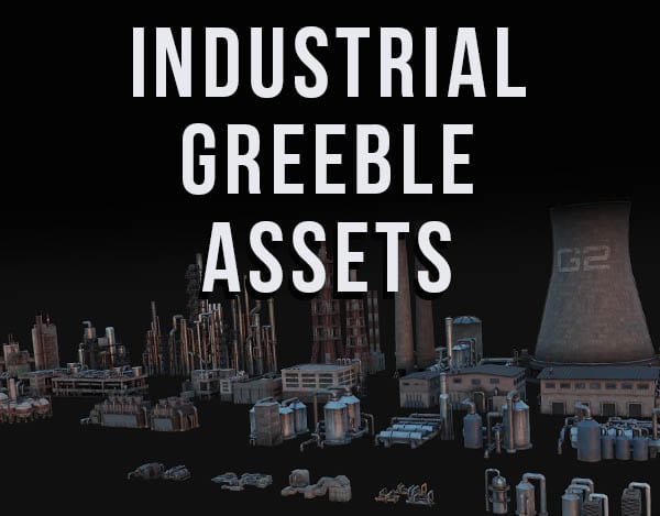 Industrial greeble assets in Blender 3D viewport. 