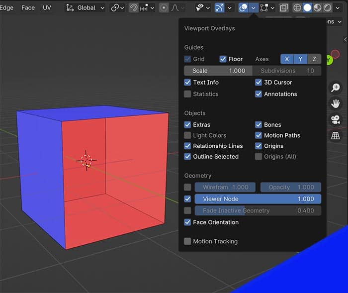 Front faces of a cube are blue and back faces are red. 